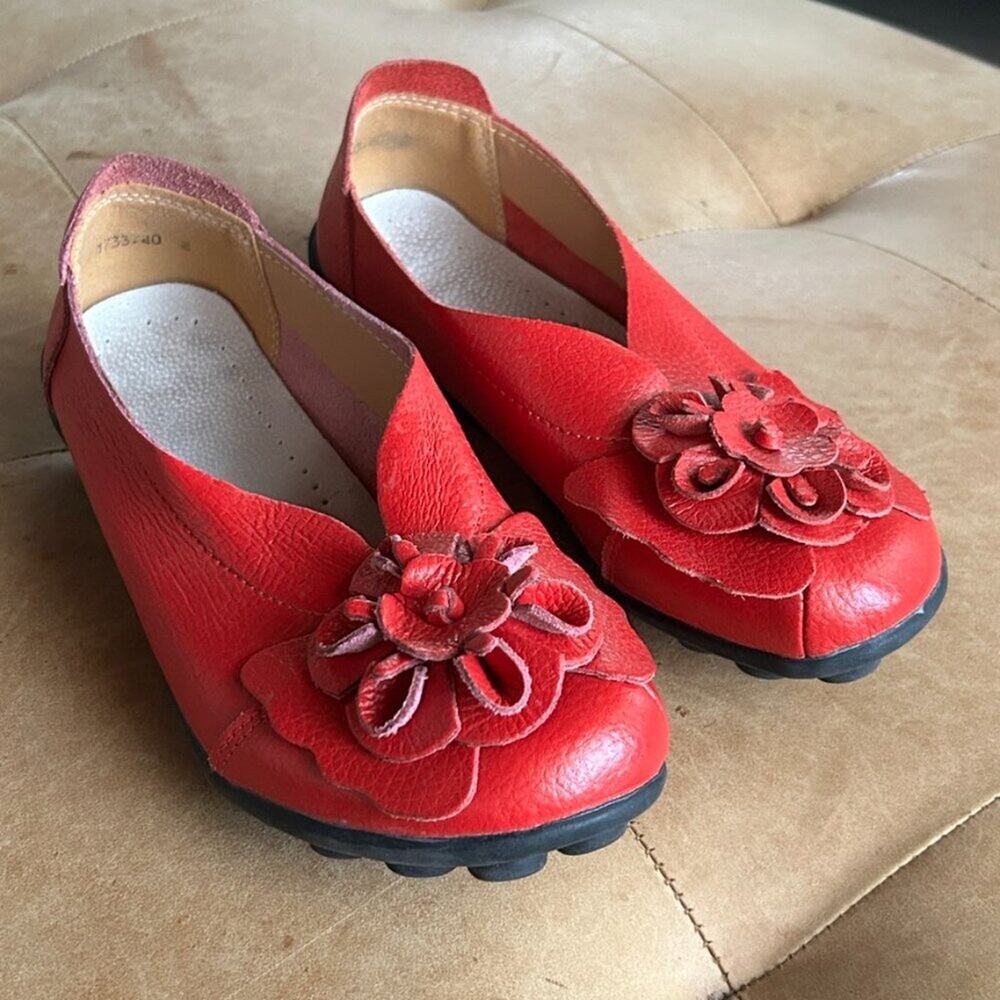 Red Lagenlook Art Teacher Ballet Flats Romantic Flower Soft Leather Shoes, 7.5 - Picture 2 of 11
